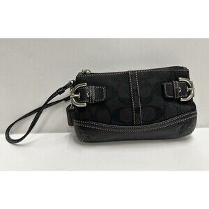 Coach signature black canvas & leather wristlet buckle silver hardware